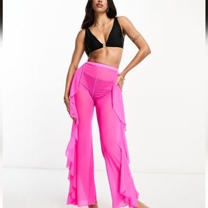 Ruffle Mesh Beach Pants in Neon Pink - NWOT